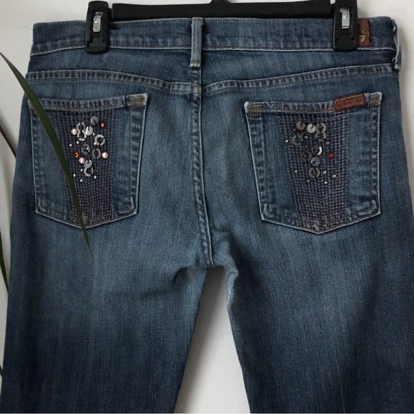 7 FOR ALL MANKIND Women's Washed Blue Studded Flared Low Rise Jeans Size 30 - Picture 4 of 15
